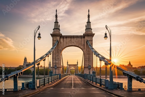 Front view of Liberty bridge in Budapest at sunrise