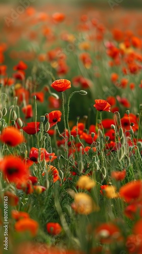 Vibrant fields of blooming poppies carpeting the landscape