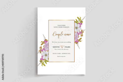 WEDDING INVITATION FRAME WITH FLOWER DECORATIONS WITH FRESH LEAVES