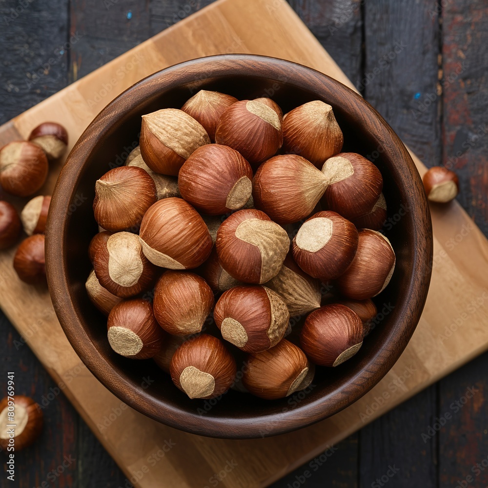 hazelnut nuts in a brown wooden bowl on a cutting board hazelnut nuts in a brown wooden bowl on a cutting board
