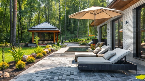 outdoor relaxation area, outdoor oasis featuring chic lounge chairs and a trendy umbrella, perfect for unwinding in the sun and savoring the natural scenery