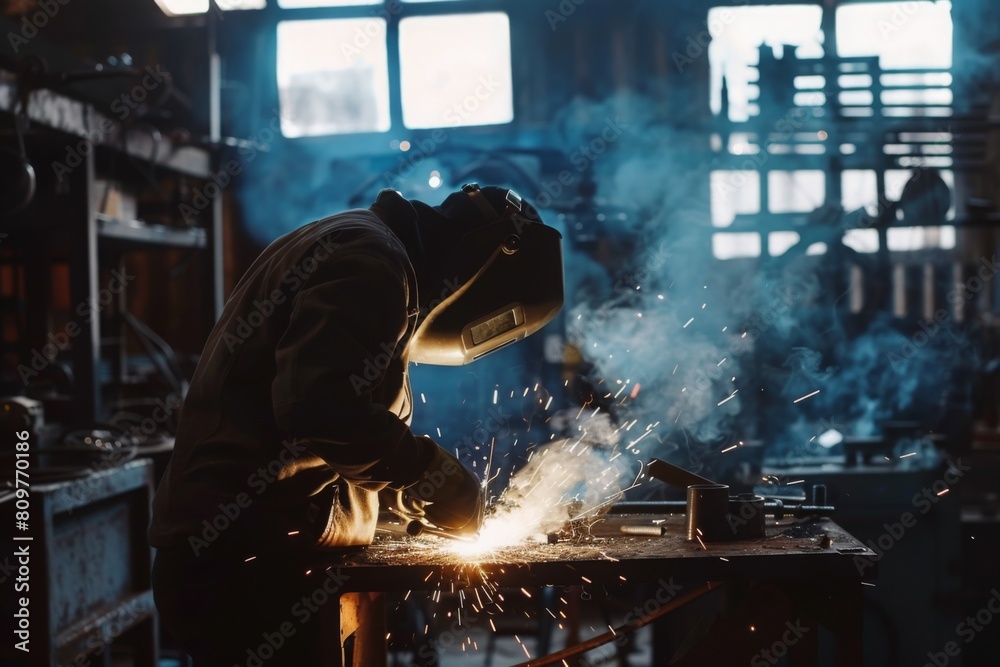 welder worker welding in metal factory wearing welding glasses.