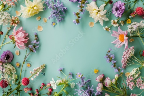 Various spring flowers arranged in a circle on a mint green table, creating a colorful and vibrant display