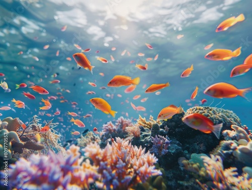 A school of brightly colored fish swims in a coral reef