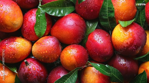   A photo of a pile of red apples with drops of water on them  surrounded by green leaves and an assortment of oranges