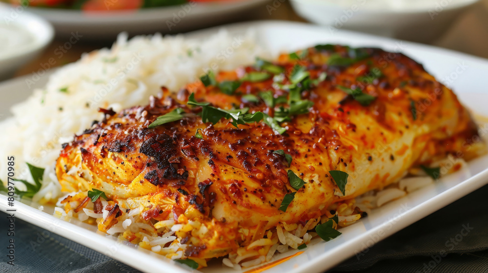 Savor the flavors of iran with saffron-infused grilled chicken atop fragrant basmati rice, adorned with fresh herbs