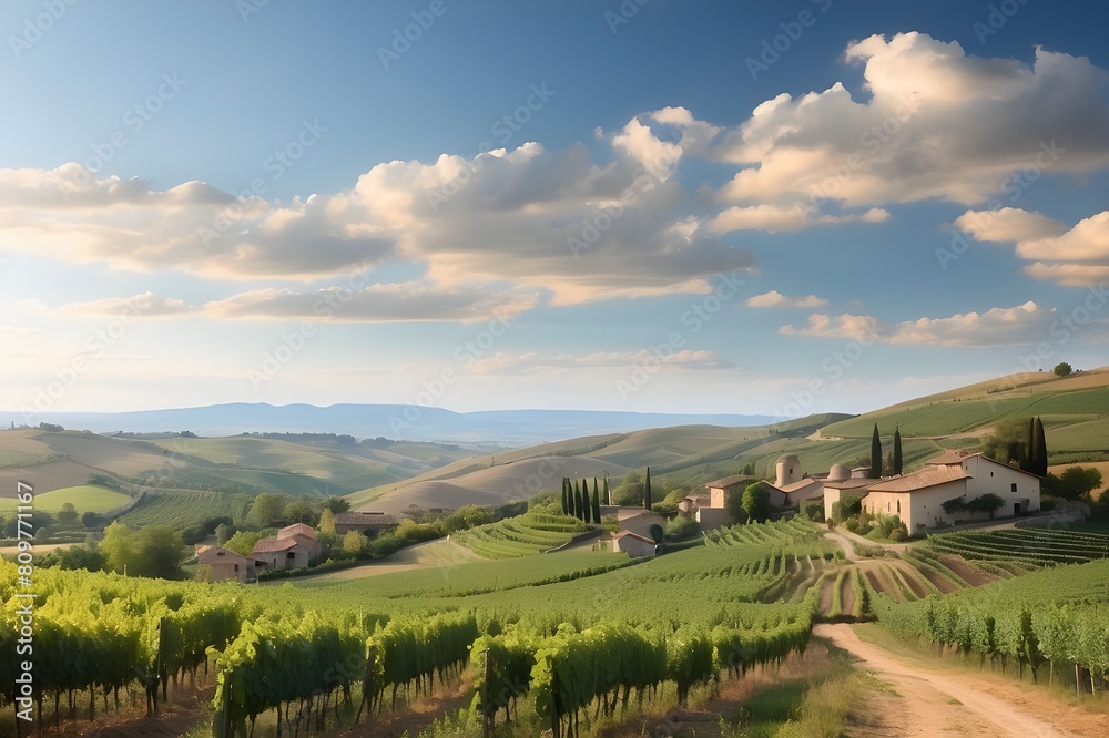 A picturesque countryside landscape with rolling hills covered in vineyards, dotted with quaint wineries 