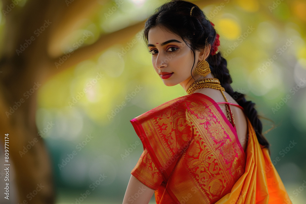 young beautiful indian woman in red saree.