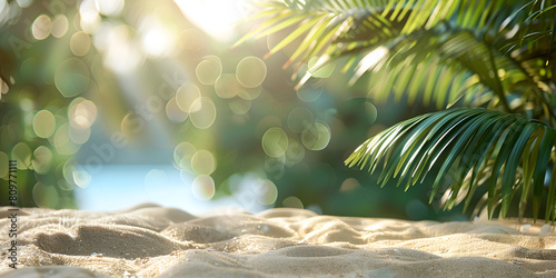 Tropical summer sand beach holiday blur background vacation travel concept with copy space Sand with blurred Palm and tropical beach bokeh background