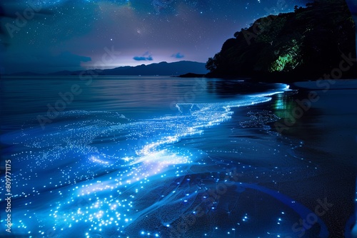 Ethereal Blue Light Photo of Bioluminescent Bay with Glowing Plankton