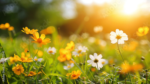 Blurred floral background White and yellow daisies in the grass on a meadow in the rays of the setting sun. Blurred background