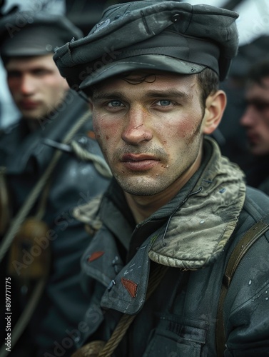 A man with a hat and a beard is standing in front of other men