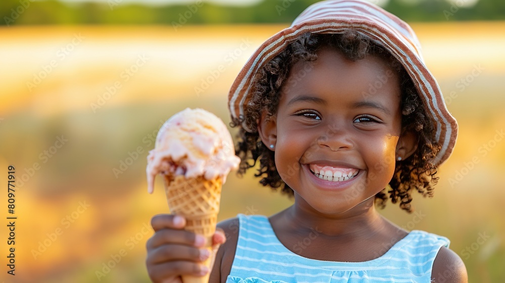 Girl holding ice cream cone, smiling at camera with field in background Girl holding ice cream cone, smiling at camera with field in background
