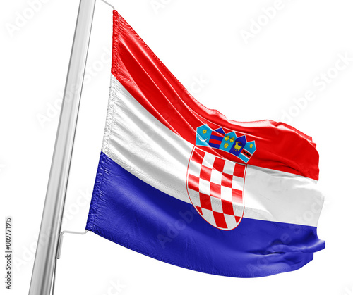 Croatia waving flag with mast on white background with cutout path.