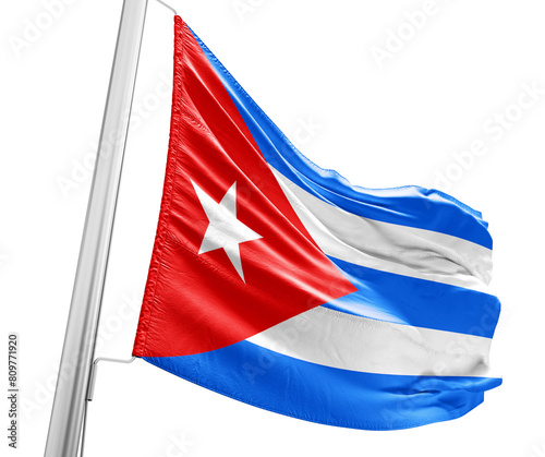 Cuba waving flag with mast on white background with cutout path.