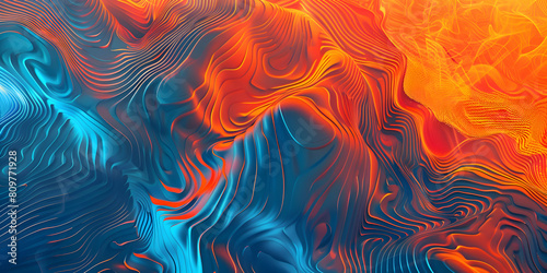 Artistic abstract background featuring fluid lines and bold geometric patterns in a striking combination of bright orange and cool blue
