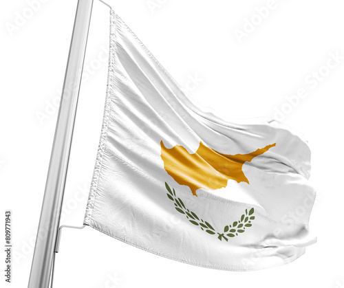Cyprus waving flag with mast on white background with cutout path.