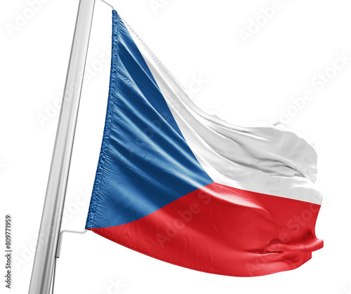 Czech Republic waving flag with mast on white background with cutout path.