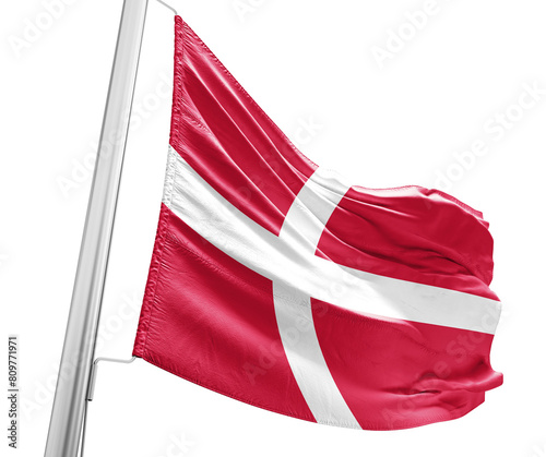 Denmark waving flag with mast on white background with cutout path.