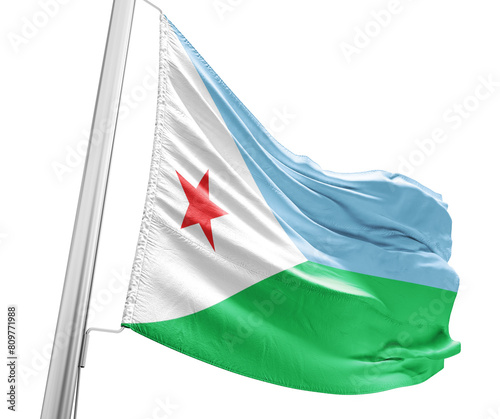 Djibouti waving flag with mast on white background with cutout path.
