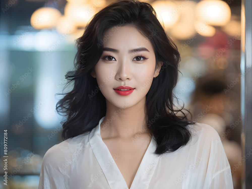Obraz premium a young asian woman with long black hair and a white shirt