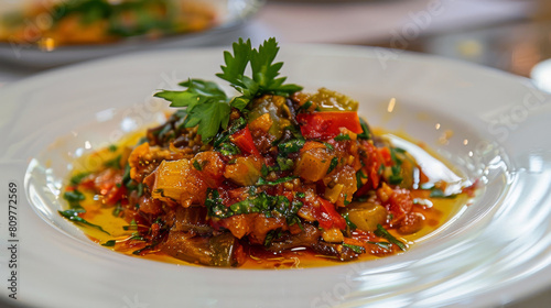 Persian vegetable stew with fresh parsley on a white plate, showcasing the flavors of iran's culinary tradition