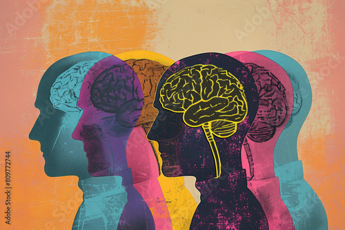Side profiles of human heads with colorful, textured brains symbolizing diverse cognitive functions. Colorful cognitive impressions. 