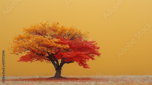   A red-yellow-orange tree stands in front of a bright yellow sky with snow on the ground