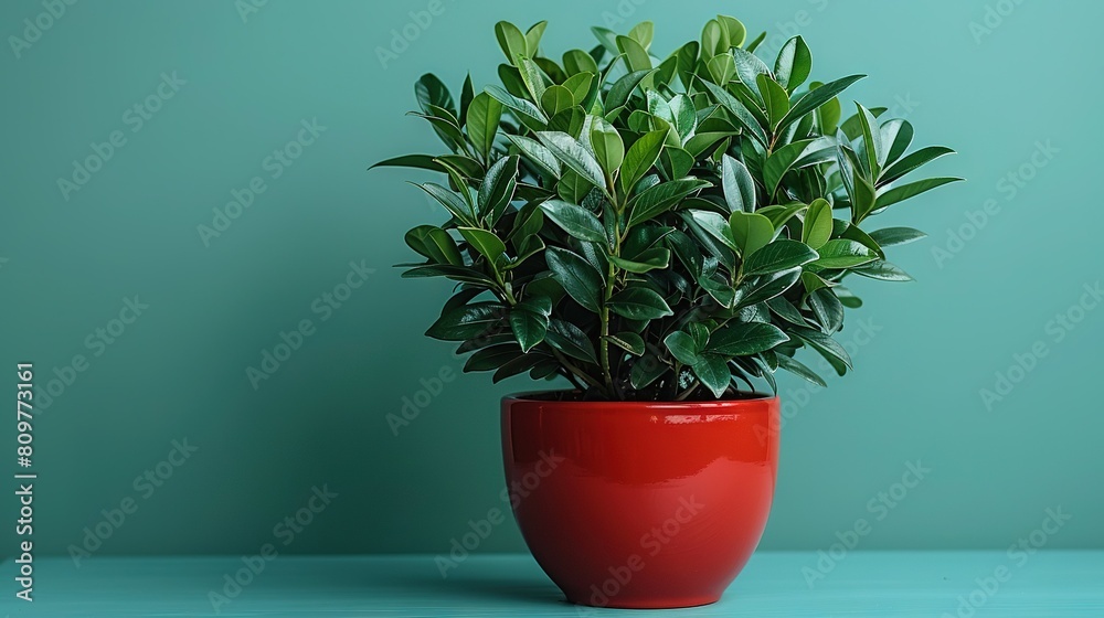  A potted plant sits atop a blue table against a green backdrop and a blue adjacent wall