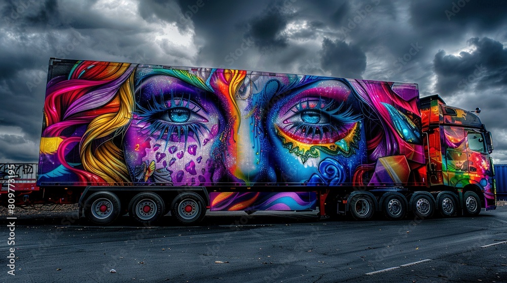 Large truck with vibrant painted face on bed, parked Large truck with vibrant painted face on bed, parked