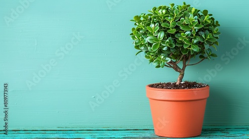   A miniature plant perched on a wooden dresser near a navy wall and a green-painted backdrop © Nadia