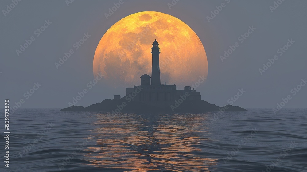   A full moon rises over a small island in the middle of the ocean, with a lighthouse in the foreground