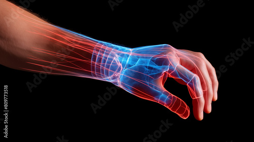 wrist injury due to tendonitis Injury to tendons or nerves in the wrist on a black background