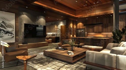 Chic interior design layout showcasing the use of textures and finishes to add warmth