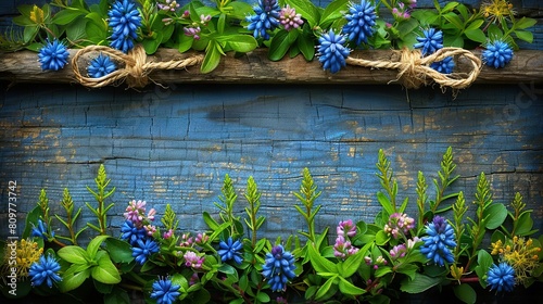   A few blue blossoms with emerald foliage against a sapphire backdrop  adorned with vines of twine