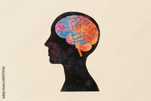 Silhouette of a person with a colorful brain in risograph style on neutral background. Contemplation and creativity combined in one mind.