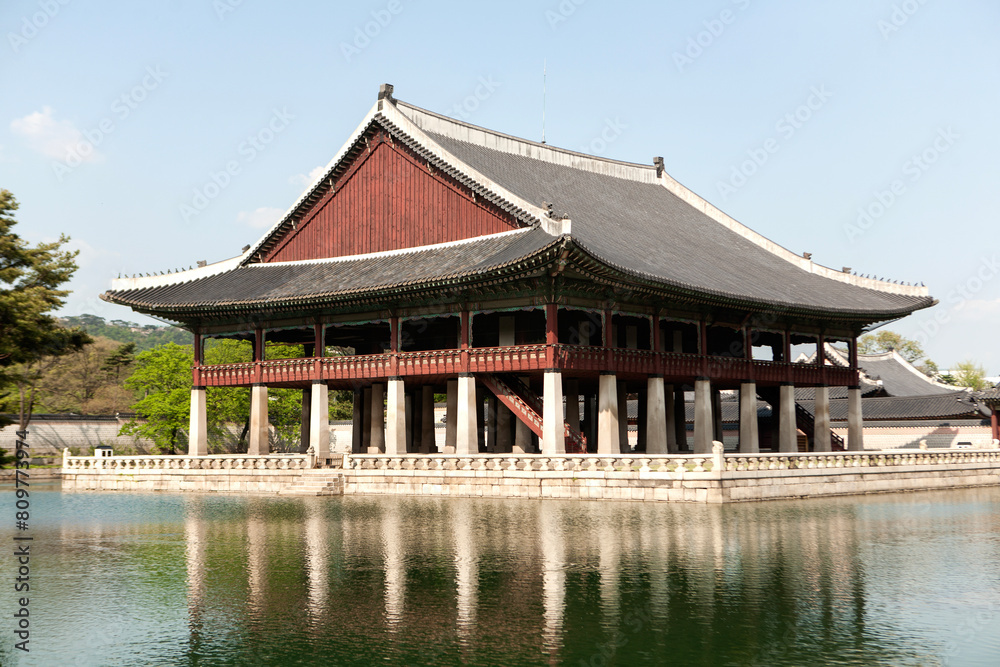 View of the traditional wooden pavilion on the lake in the palace View of the traditional wooden pavilion on the lake in the palace