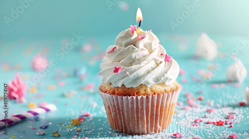 Delicious birthday cupcake with burning candle 