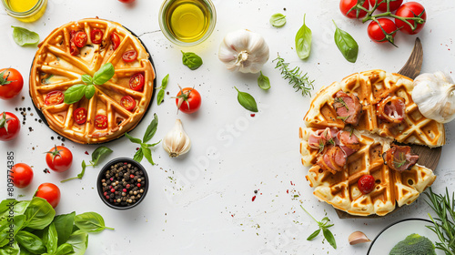 Delicious bubble waffle with vegetables and meat on white