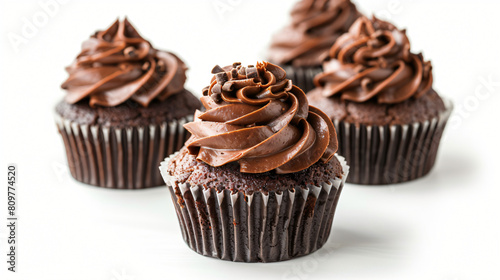 Delicious chocolate cupcakes on white background