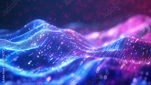 Digital waveforms in blue and purple, abstract background, 4K, hyperrealistic, side angle, radiant lighting, flowing motion, deep textures photo