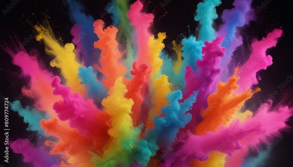 Clubs of multicolored neon smoke, ink. An explosion, a burst of holi paint. Abstract psychedelic pastel light background