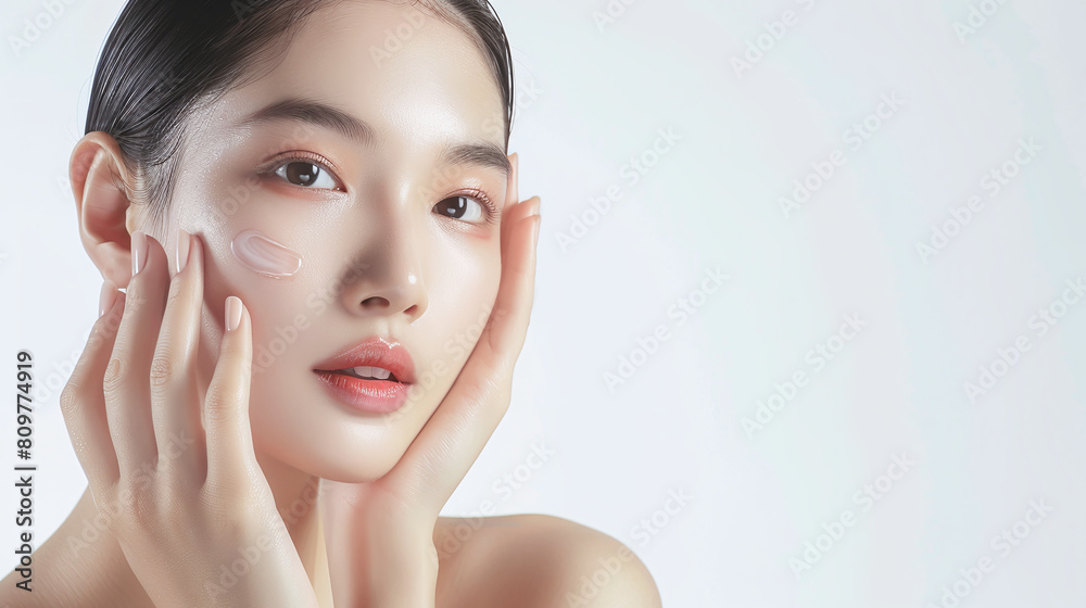 Portrait of beautiful young asian woman touching her clean face with fresh Healthy Skin, on white background, Beauty Cosmetics and Facial treatment Concept, space for copy text. Portrait of beautiful young asian woman touching her clean face with fresh Healthy Skin, on white background, Beauty Cosmetics and Facial treatment Concept, space for copy text.