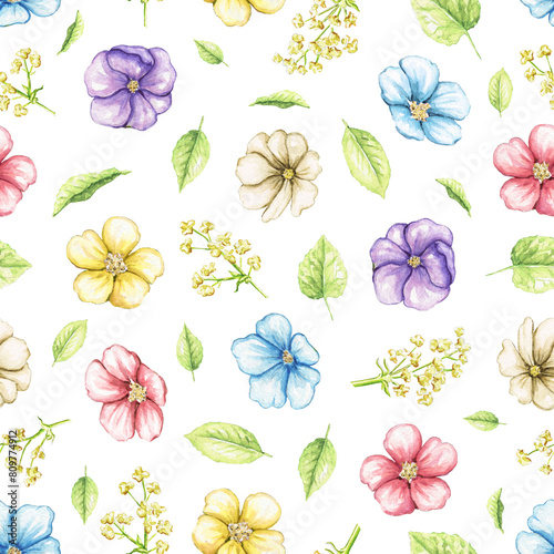 Seamless pattern with multicolored violet flowers, leaves and branches isolated on white background. Watercolor hand drawn illustration