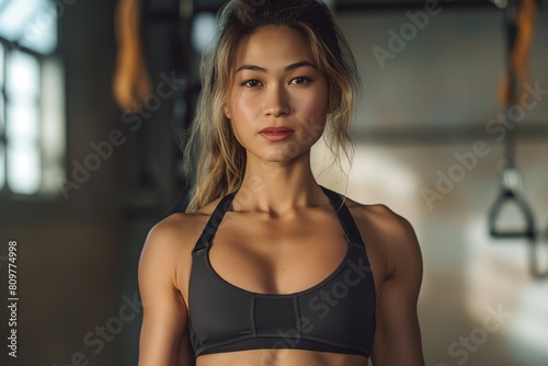 Serene Asian woman in gym wear standing confidently in a gym