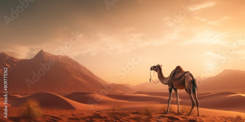 Fototapeta Naklejka Na Ścianę i Meble -  Camel in the desert at sunset.