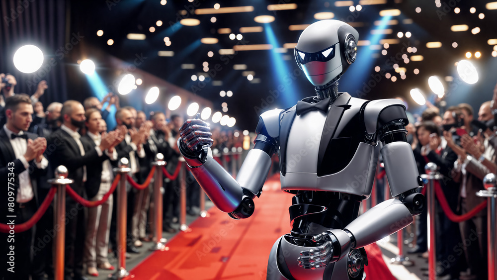 Futuristic AI robot celebrity walking down red carpet, surrounded by photographers and fans, spotlighted under dazzling lights.