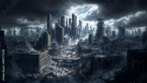 Ruins of modern city after nuclear blast, depicting blackened scorched buildings covered in ash and dust, in post-apocalyptic scene.