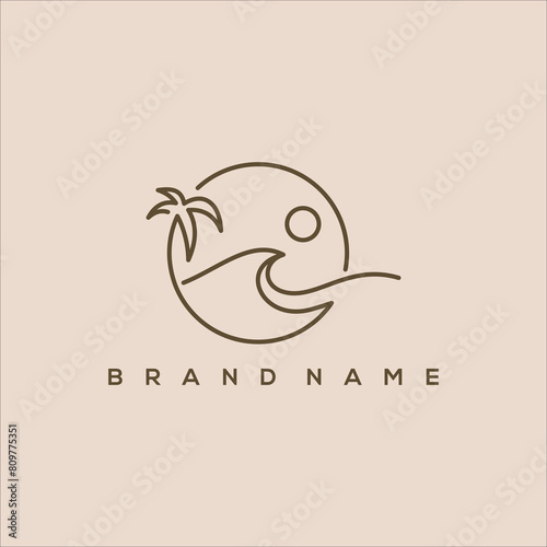 minimalist logo of sun beach waves and palm circles line art vector