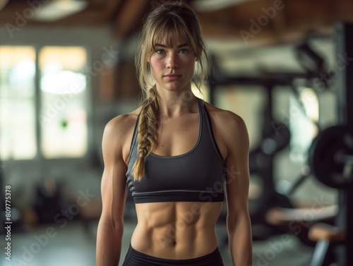 Fit young woman in a gym, confidently standing with a focused look, displaying her toned abs